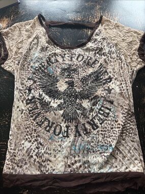 Daytrip Leopard Print Graphic Tee with Studded Eagle - Neutral Brown